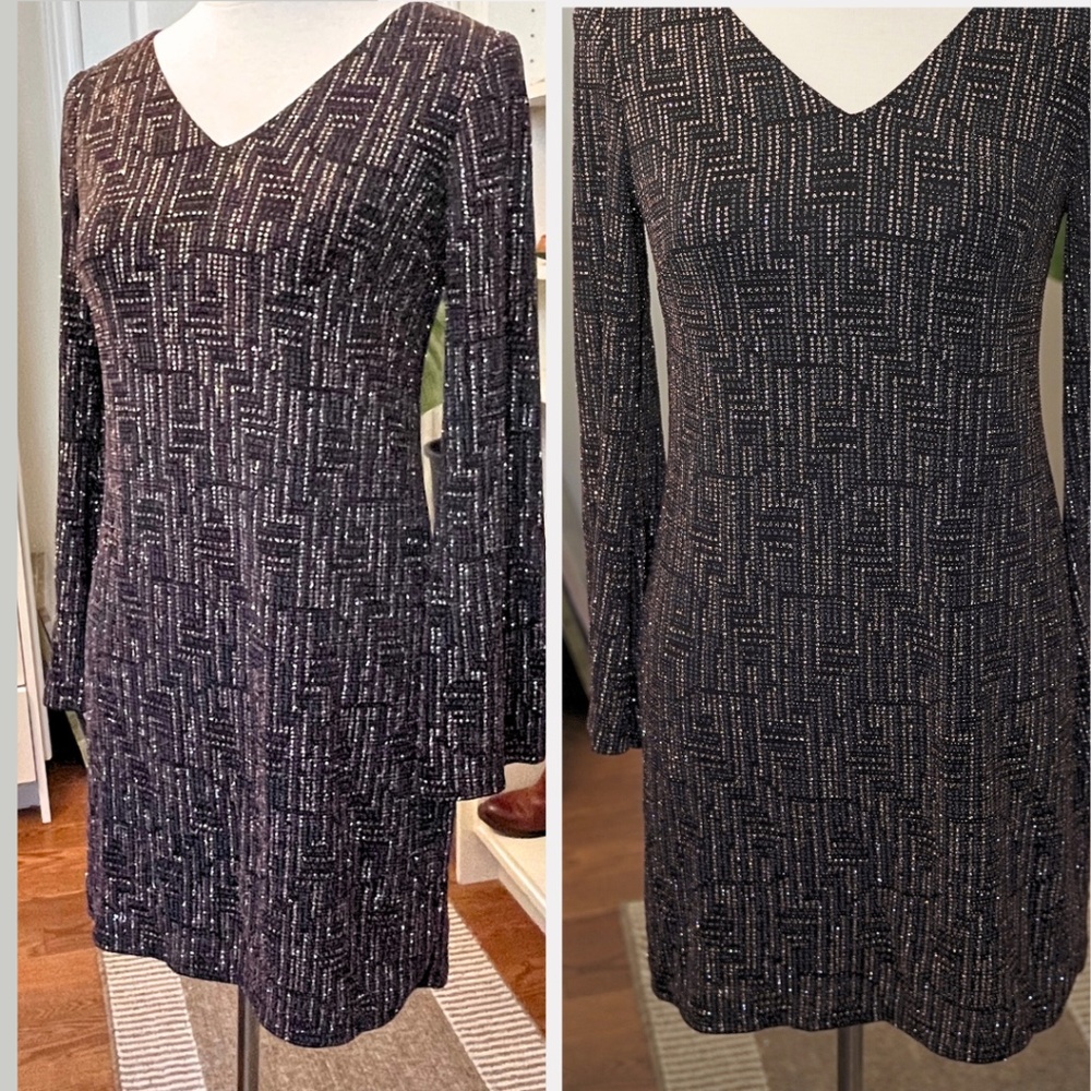 Black and gold glitter sparkle long sleeve V-neck dress.